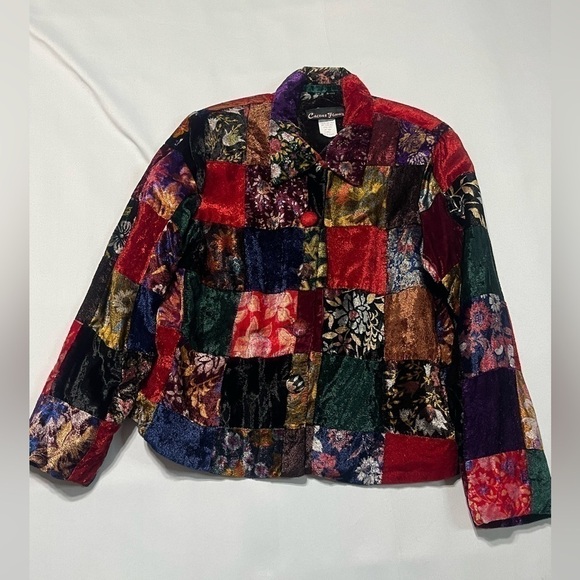 CACTUS FLOWER VINTAGE PATCHWORK VELVET, HIPPIE VIBE JACKET, SIZE X-SMALL! - Picture 1 of 8